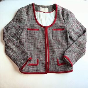 Banana Republic Gray & Red Piped Trim Open Front Tweed Blazer Jacket (12)